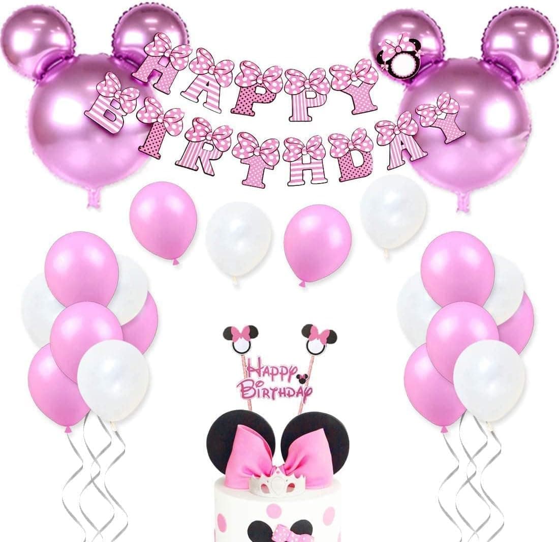 Cartoon Mouse Theme Birthday Decorations Set, Pink Cartoon Mouse Head Balloons, Happy Birthday Garland and Cake Toppers for Girls 1st 2nd 3rd Birthday Party Supplies