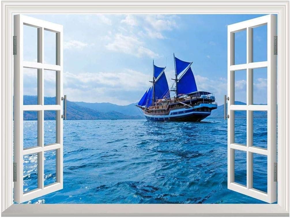 wall26 Removable Wall Sticker/Wall Mural - Vintage Wooden Ship with Blue Sails Near Komodo Island, Indonesia | Creative Window View Home Decor/Wall Decor - 36"x48"