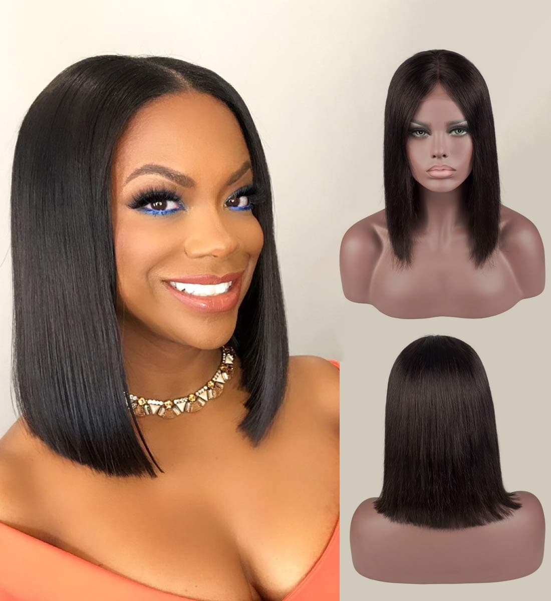 Baisi Hair Brazilian 100% Virgin Human Hair Short Straight Lace Front Bob Wig, 150% Density, Pre-plucked with Baby Hair Bleached Knots for Black Women Natural Color (12 inch)
