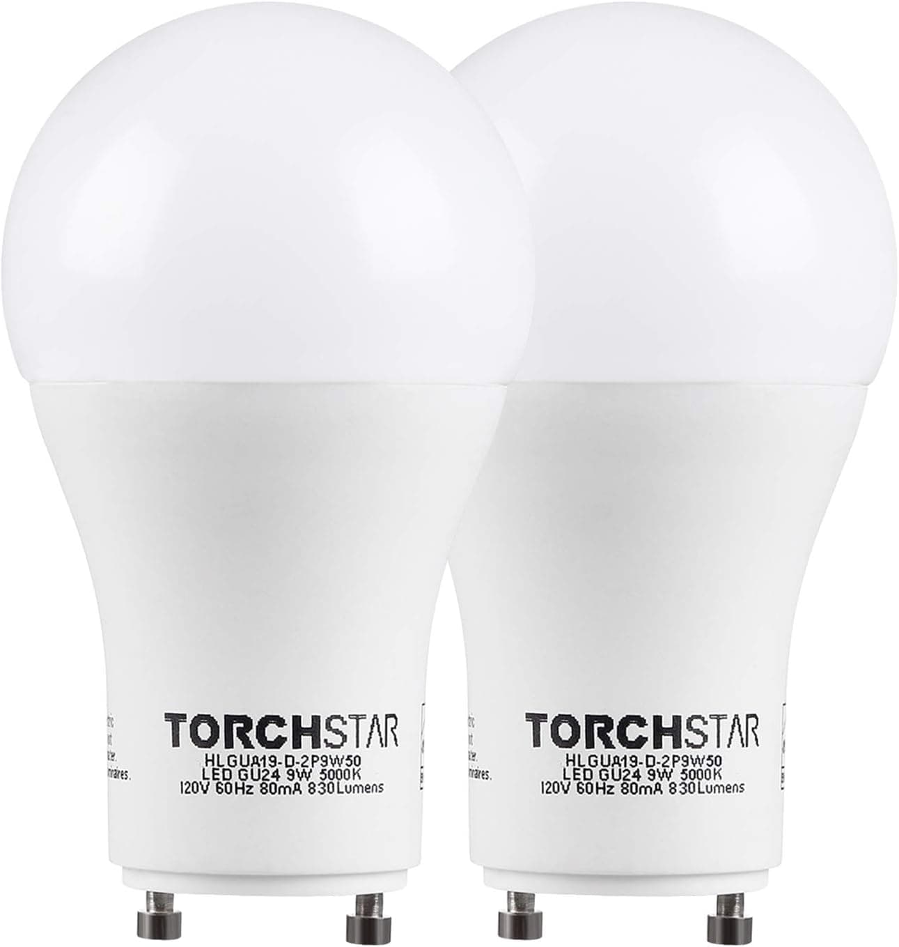TORCHSTAR 9W Dimmable A19 LED Light Bulb GU24 Base, Energy Star UL-Listed Bulb, 60W Equivalent, 840 Lumens, 5000K Daylight, 310° Omni-Directional General Lighting, Pack of 2