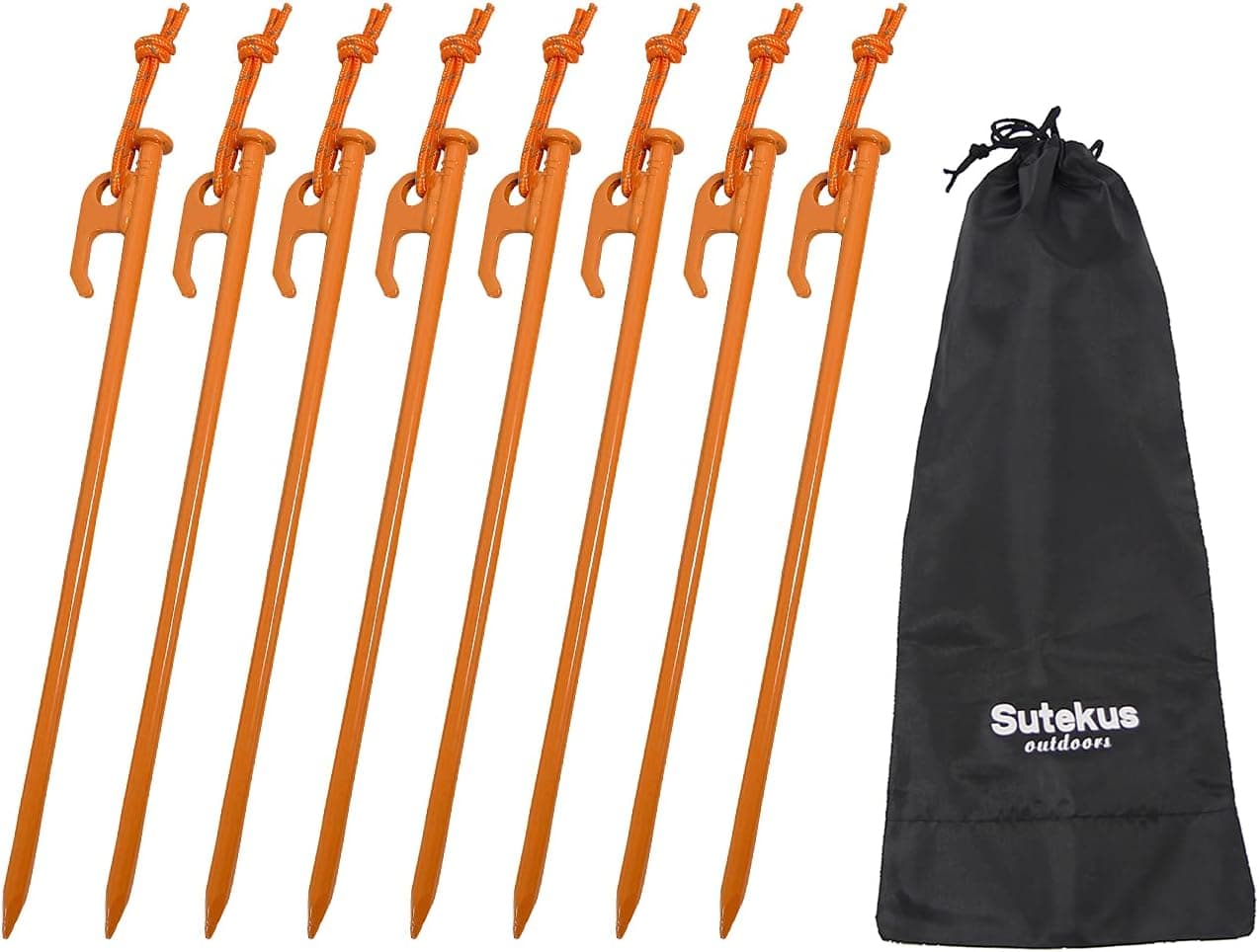 Sutekus Heavy Duty Forged Steel Tent Pegs Metal Tent Stakes with Reflective Pull Cord Solid Tent Anchors and Camping Spikes for Camping Hiking Outdoors, 12"/8PCS (Orange)