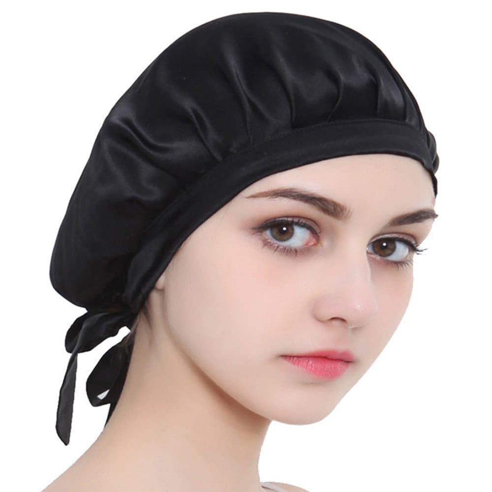 Silk Sleeping Cap for Women & Girls Long Hair Bonnet Smooth Soft Hair Care Hat, Many Colors (Black)