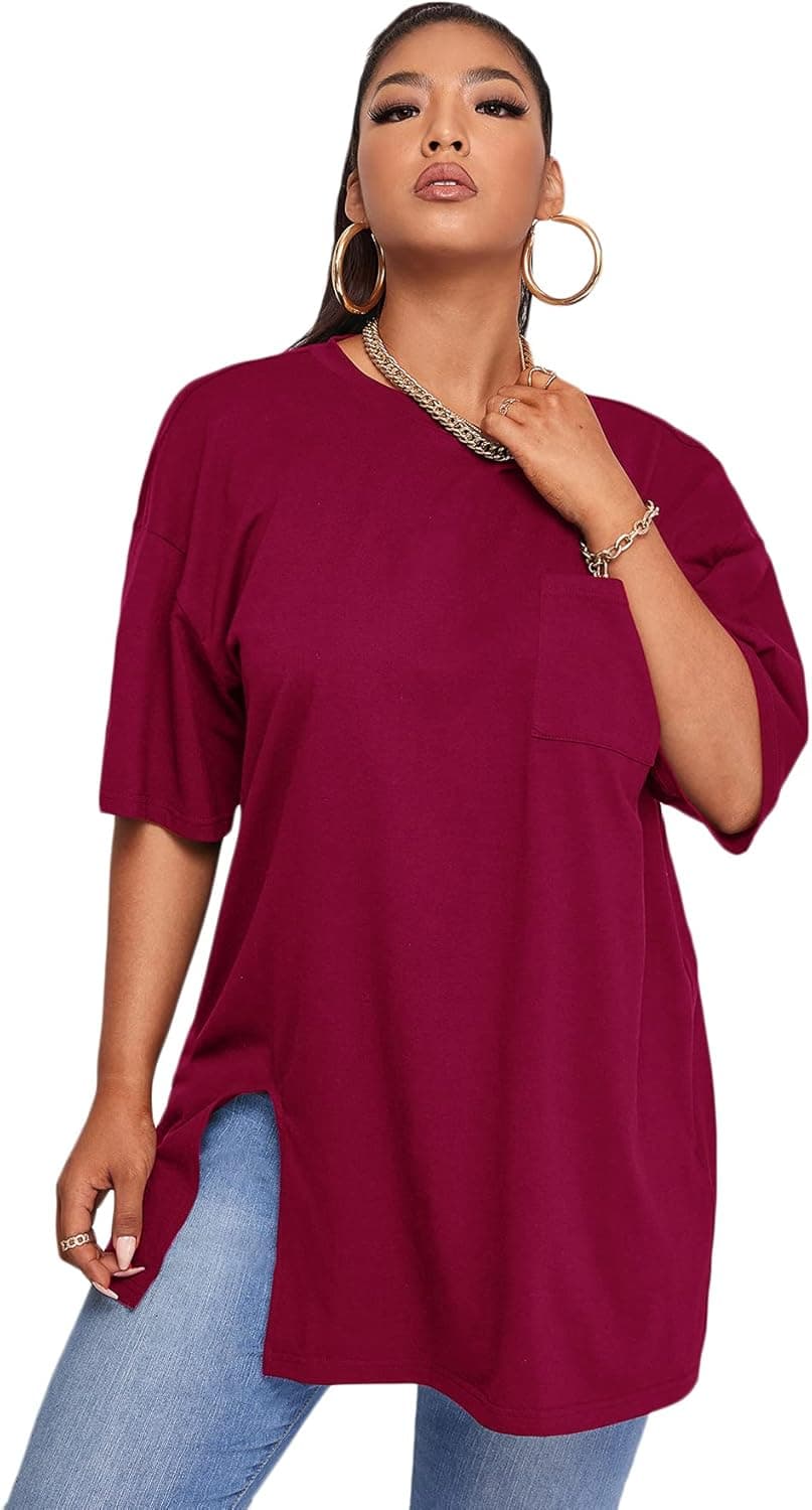 Romwe Women's Plus Size Short Sleeve Pocket Front Split Hem Tunic Tops T Shirt