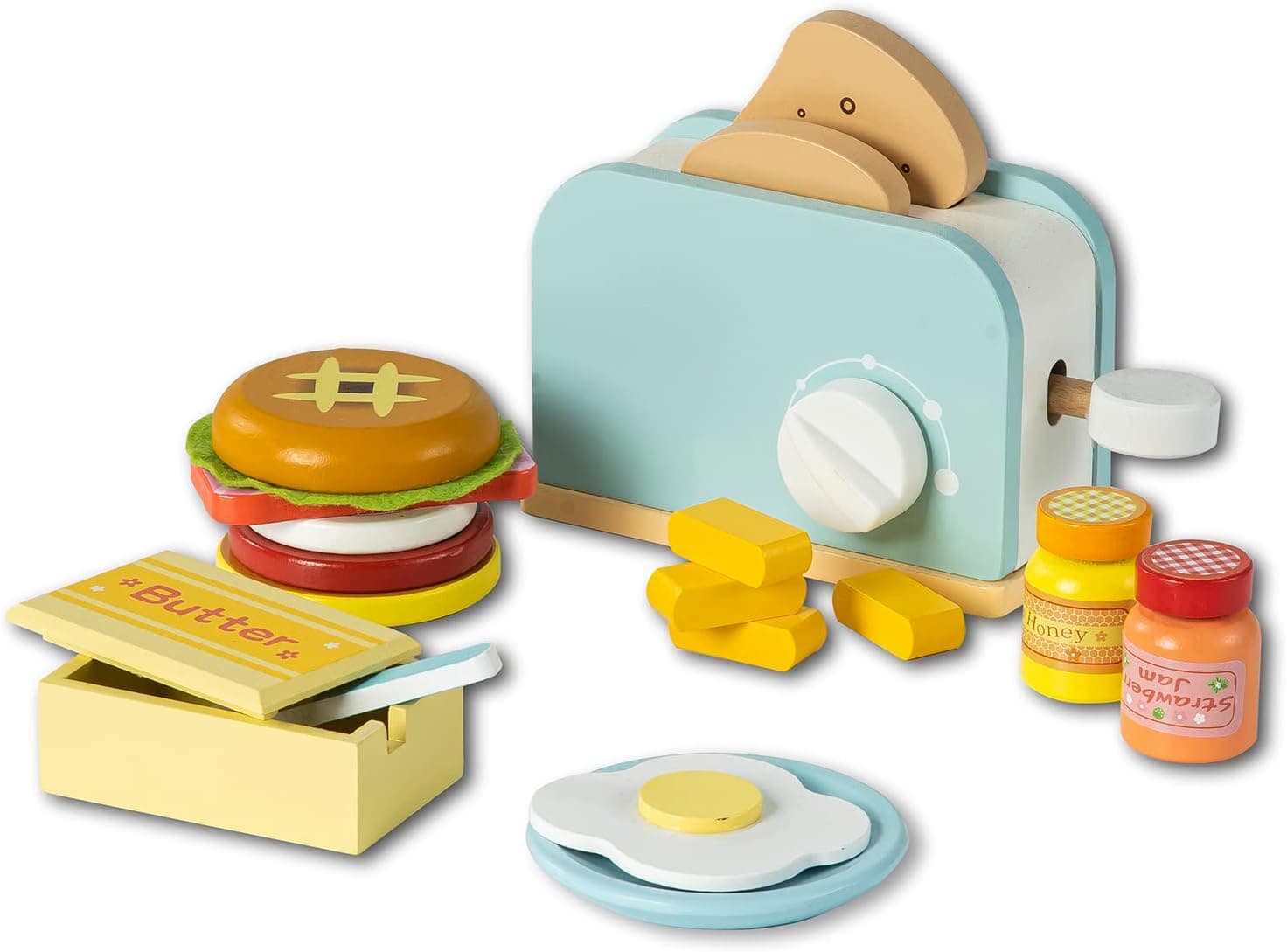 QIUJUUN Wooden Play Kitchen Accessories,Kids Toy Toaster,Toy Kitchen Wooden Pop-Up Toaster Play Set,Upgraded Play Toaster with Hamburger Toys,Tender Leaf Toys 10Pcs for Kids Age 3+