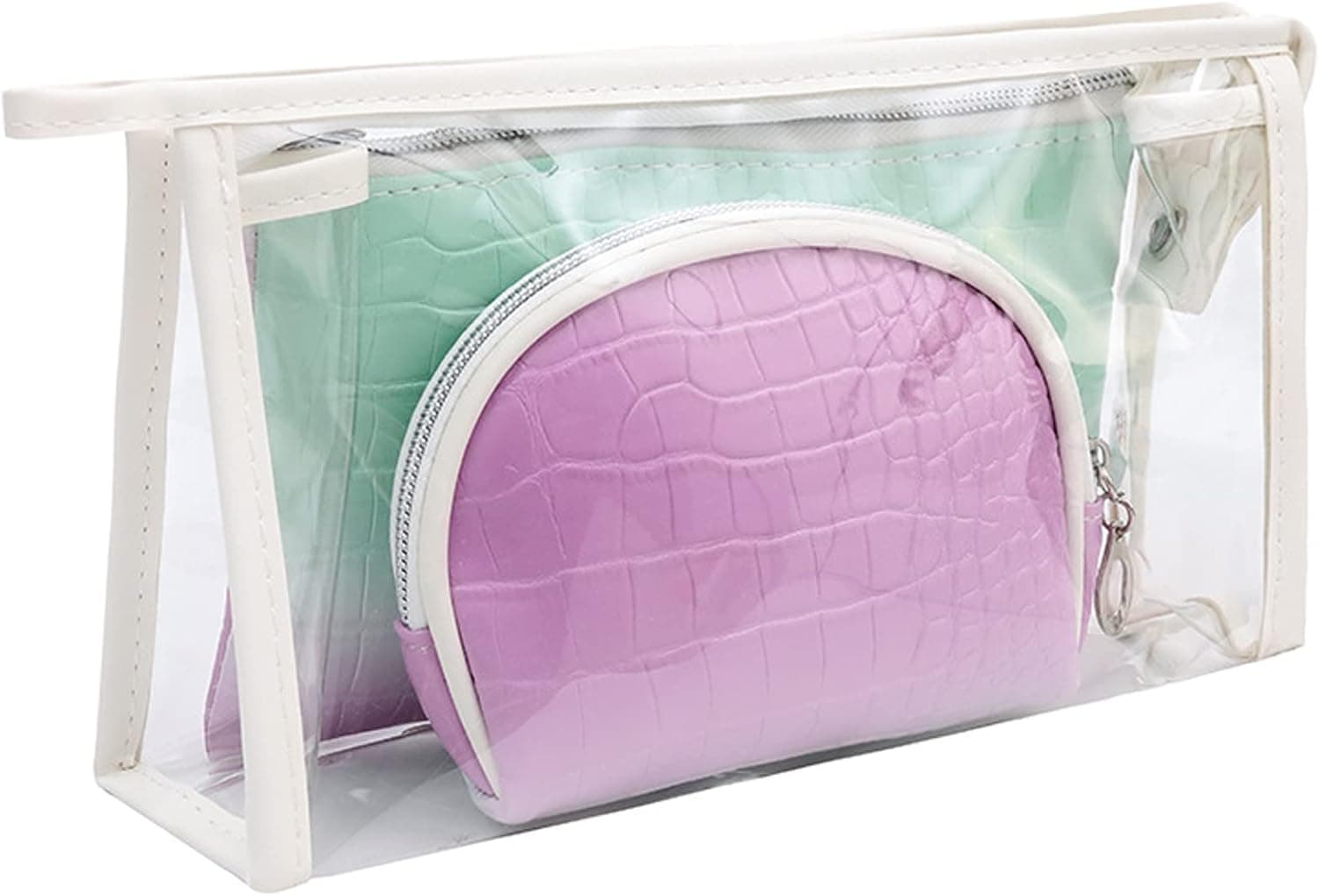 weallbuy Clear Toiletry Bag, 3 Pack Makeup Bag Set for women, Waterproof Cosmetic Bag for Travel/Holiday (Purple Gradient Green)