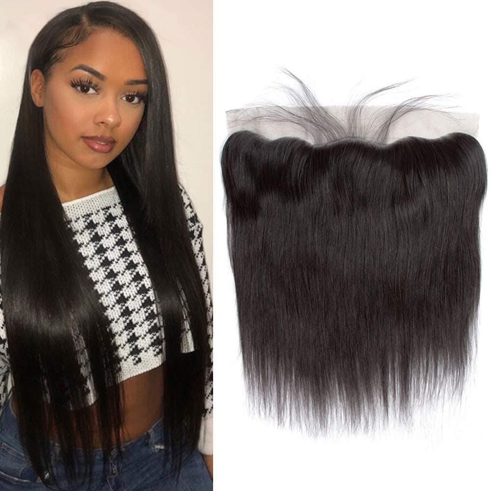 QTHAIR 12A Grade Straight Human Hair Lace Frontal 100% Unprocessed Straight Human Hair Weave Natural Black (16", 13x4 Frontal)