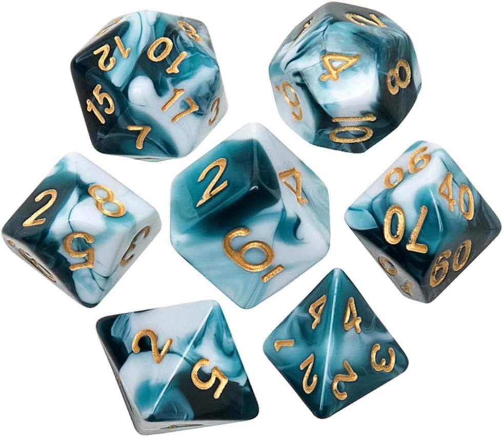 Polyhedral Dice, Transparent Teal and White Gem DND Dice Set-7Pieces for RPG MTG Table Games Dice with Velvet Dice Bag
