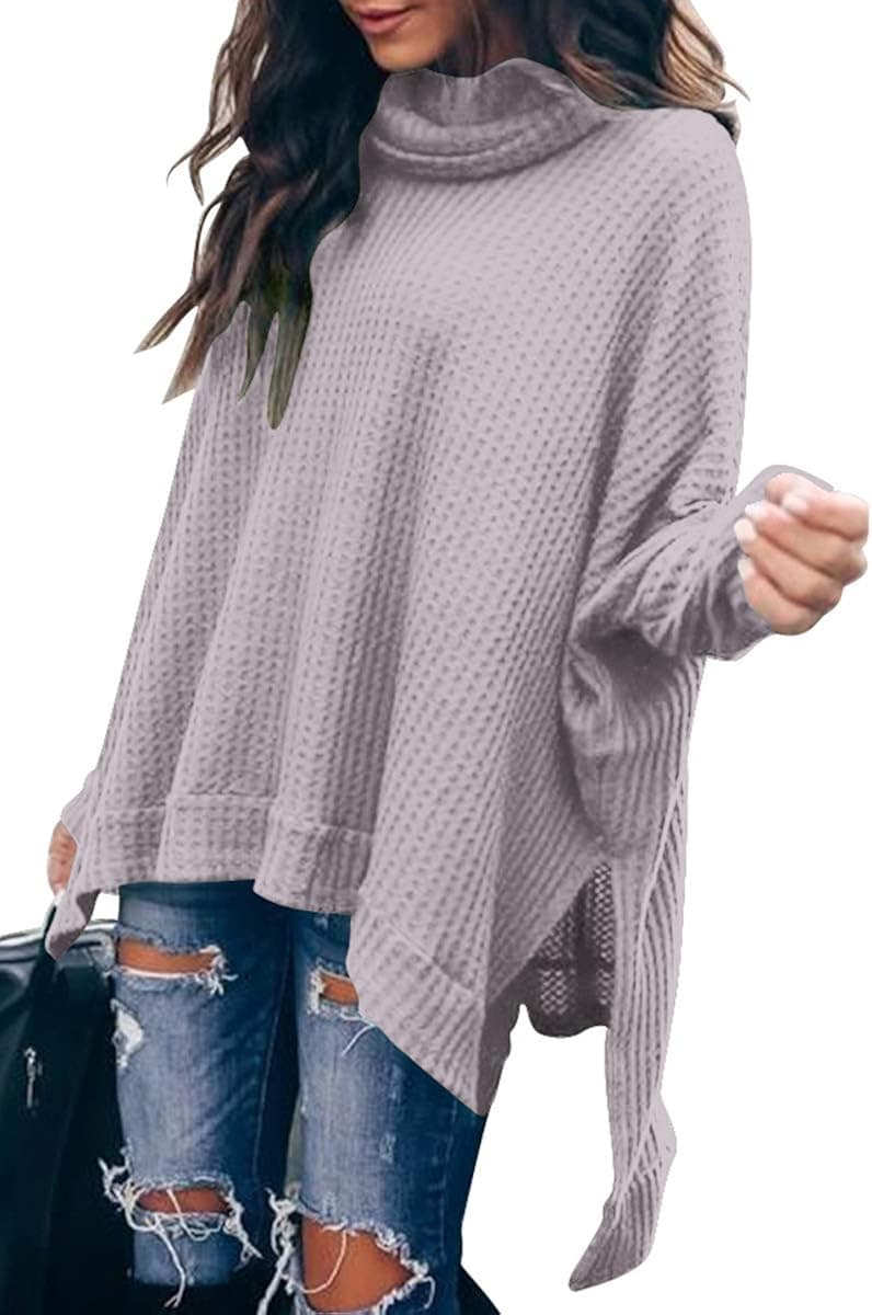 MILLCHIC Women Turtleneck Oversized Waffle Knit Batwing Sleeve Loose High Low Hem Side Slit Pullover Sweater Tunic Tops