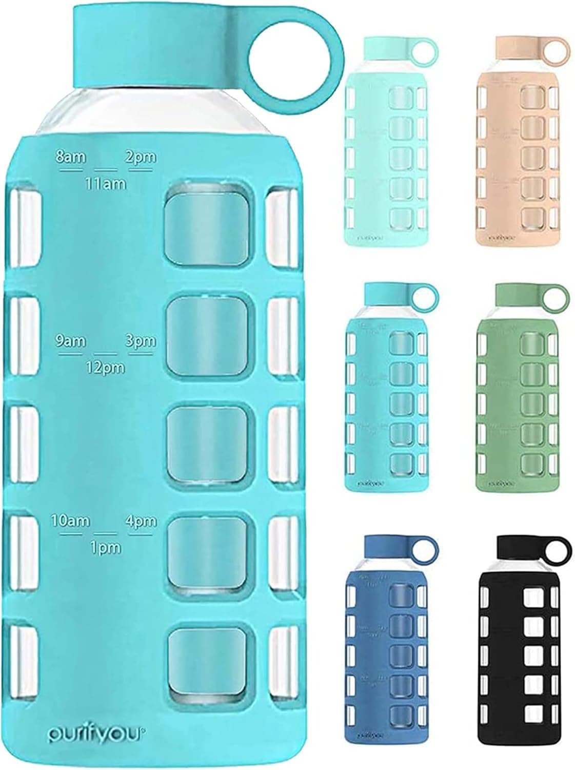 purifyou Premium 40/32 / 22/12 oz Glass Water Bottles with Times to Drink and Volume, Silicone Sleeve & Stainless Steel Lid Insert, Reusable for Fridge Water, Milk, Fruit Juice (Aqua Blue, 22 oz)