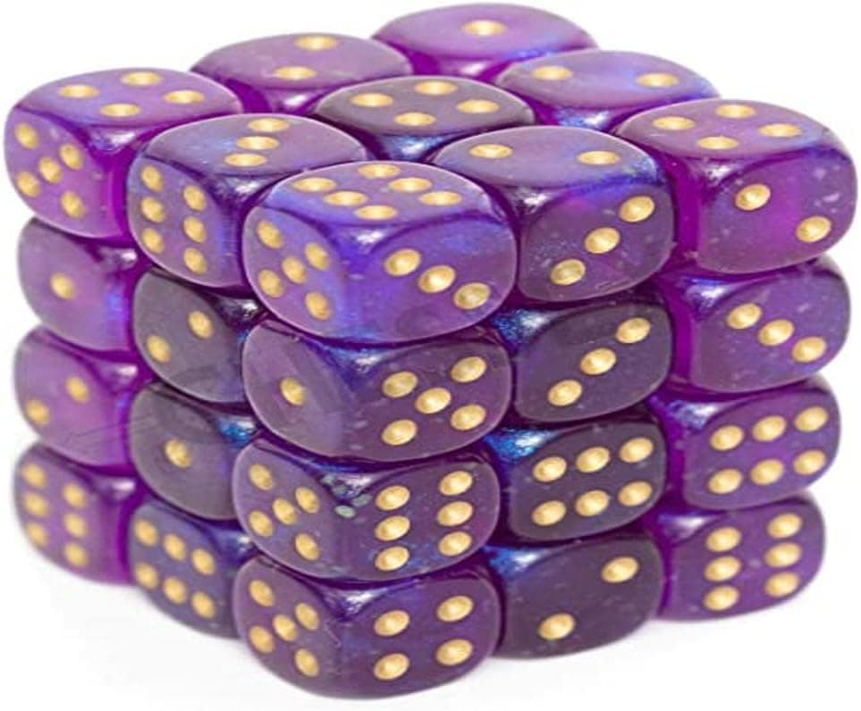 Chessex Borealis 12mm d6 Royal Purple/Gold Luminary Dice Block (36 dice) (CHX27987)
