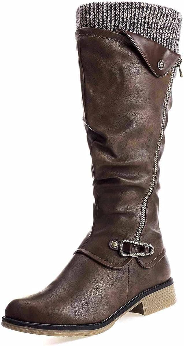 gracosy Leather Knee Boots, Women's Knee High Boot Flat Heel Zipper Buckle Riding Boots