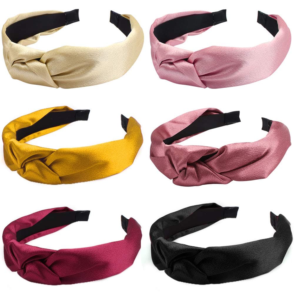 CAVETEE 6 Pack Headbands for Women Knotted Silk Twisted Bow Criss Hair Bands Womens Elastic Solid Color Wrap Hair Hoop