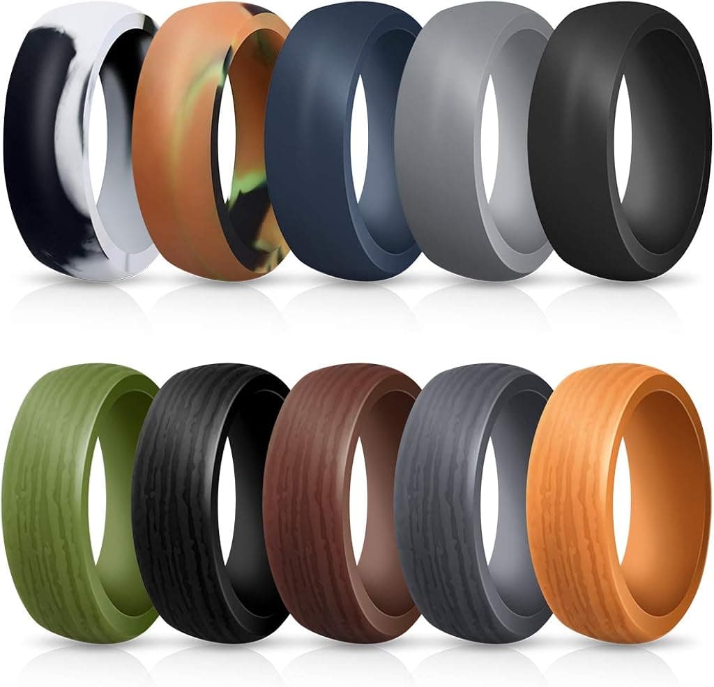 MOKARO 10 Pack Silicone Wedding Rings for Men Comfortable Rubber Sport Rings Alternative Replacement Rings for Workout, Kitchen Work, Heavy Duty Jobs, Labor Days