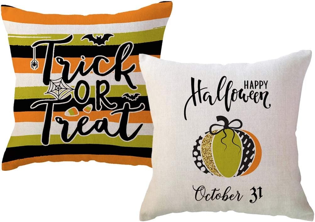 ULOVE LOVE YOURSELF 2Pack Pumpkin Trick or Treat Decorative Throw Pillow Cover Happy Halloween Holiday Decor Cushion Pillowcase 18X18 Inch for Sofa/Couch