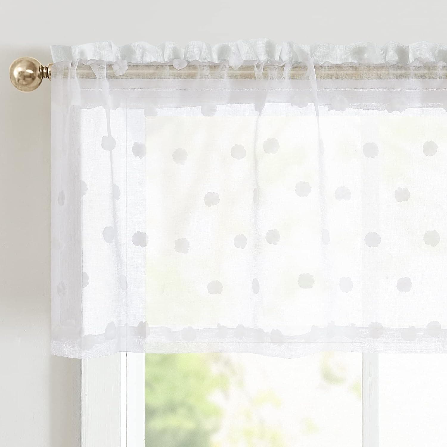 jinchan White Sheer Window Valance Curtains Textured Rod Pocket 16 inches Length Voile Curtain Set Bedroom Embroidered with Pom Pom Living Room Voile Sheers 1 Panel
