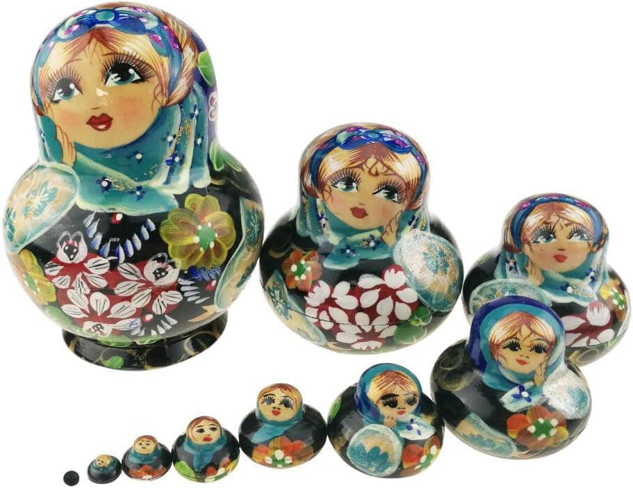 Unigift Cute Little Girl with Flower Pattern Varnished Wooden Handmade Russian Nesting Dolls Matryoshka Dolls Set 10 Pieces for Kids Toy Birthday Home Decoration