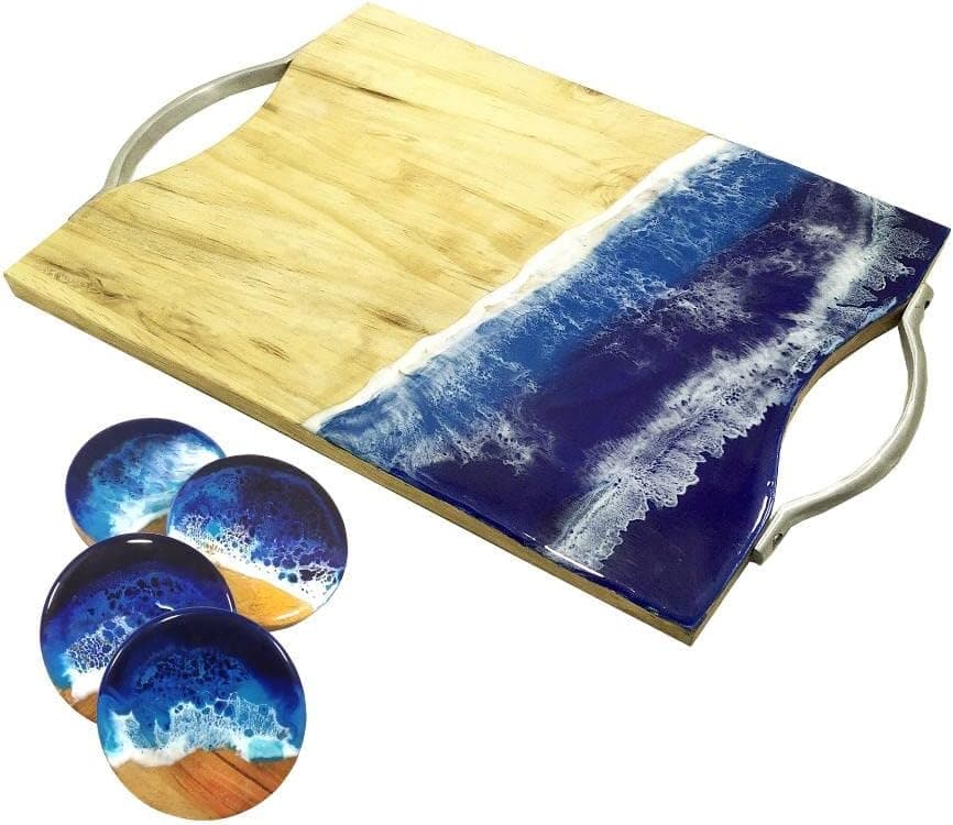 Wooden Serving Tray With Handle Appetizer Tray Cheese Board Charcuterie Serving Platter Christmas Gift House Warming Gift Kitchen Decor Ocean Blue Epoxy
