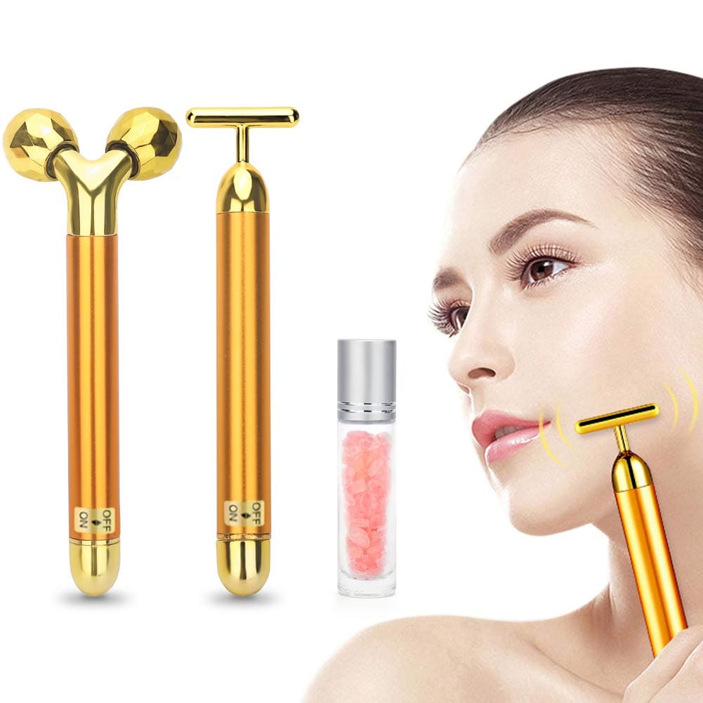 3-IN-1 Beauty Bar 24k Golden Pulse Facial Face Massager, Deciniee Face Roller Massager for Face Lift, 3D Roller Electric Sonic and T- Shape Face Vibrant Massager for Anti-Aging/Wrinkles,Skin Tighten