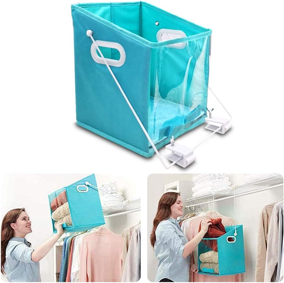 Foldable Closet Caddy Dirty Clothes Storage Organizer Case,Pull Down Foldable Storage Bin,Foldable Organizers with Clear Window Carry，Shelf Basket Rotatable Retrieve Items (3 Pcs-S)