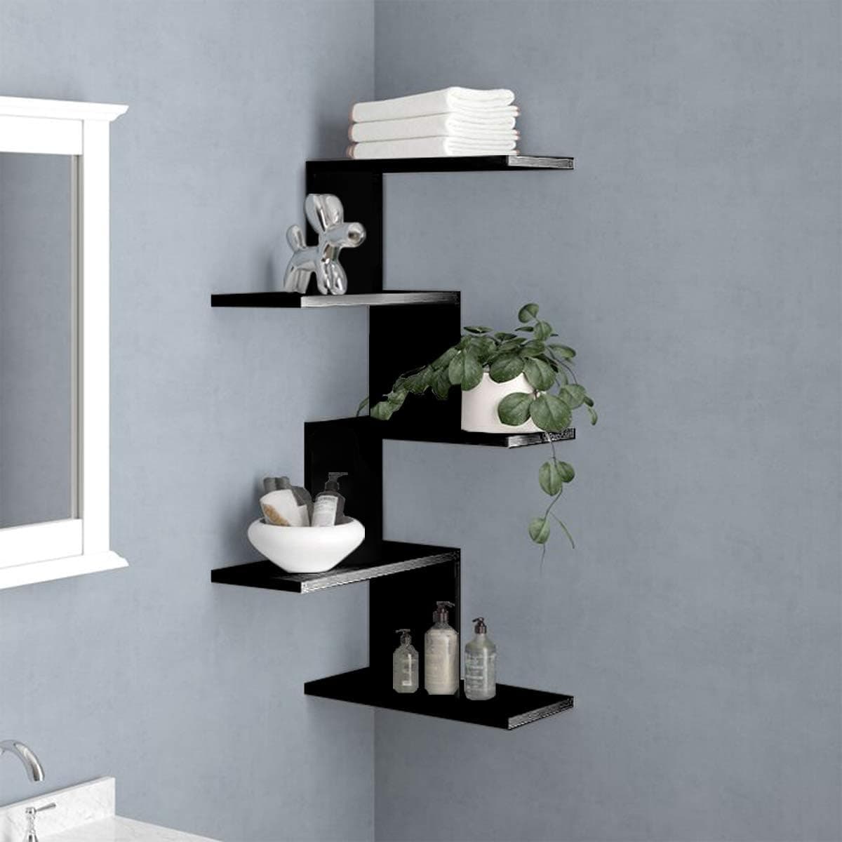 RANK Modern 5-Tier Floating Corner Shelves Wall Mounted Display Organizer Storage Shelf for Bathroom, Bedroom, Living Room, Kitchen, Office and More (Black)