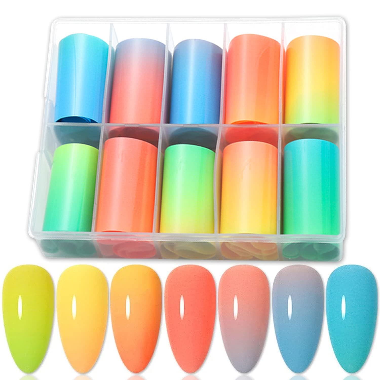 SILPECWEE 10 Rolls fluorescence Nail Foil Nail Transfer Foil Iridescent Nail Art Foil Full Nail Wraps Luminous Nail Art Stickers Nail Decoration Kit