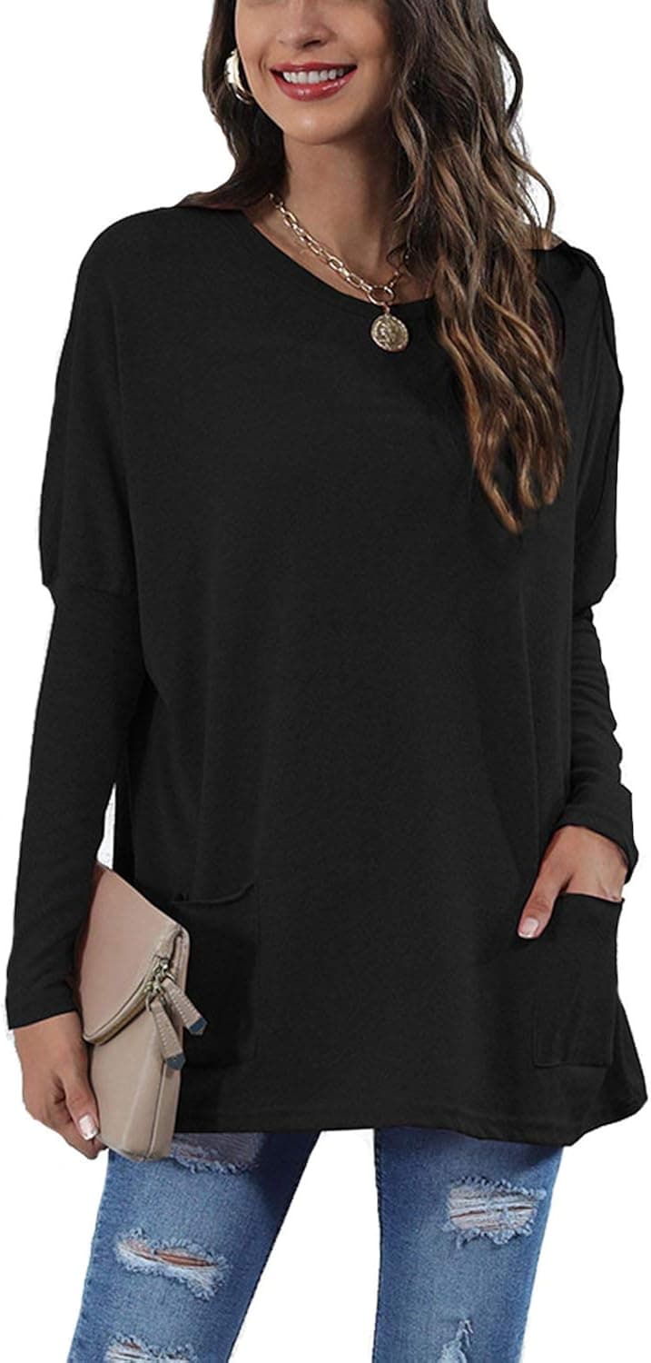 Cuijucu Women Casual Shirts Long Batwing Sleeve Blouse Loose Fit Pullover Tops