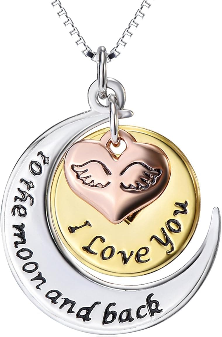 Three-Tone 925 Sterling Silver Heart Wings " I Love You to the moon and back" Pendant Necklace, Box Chain 18" (moon Three Tone)