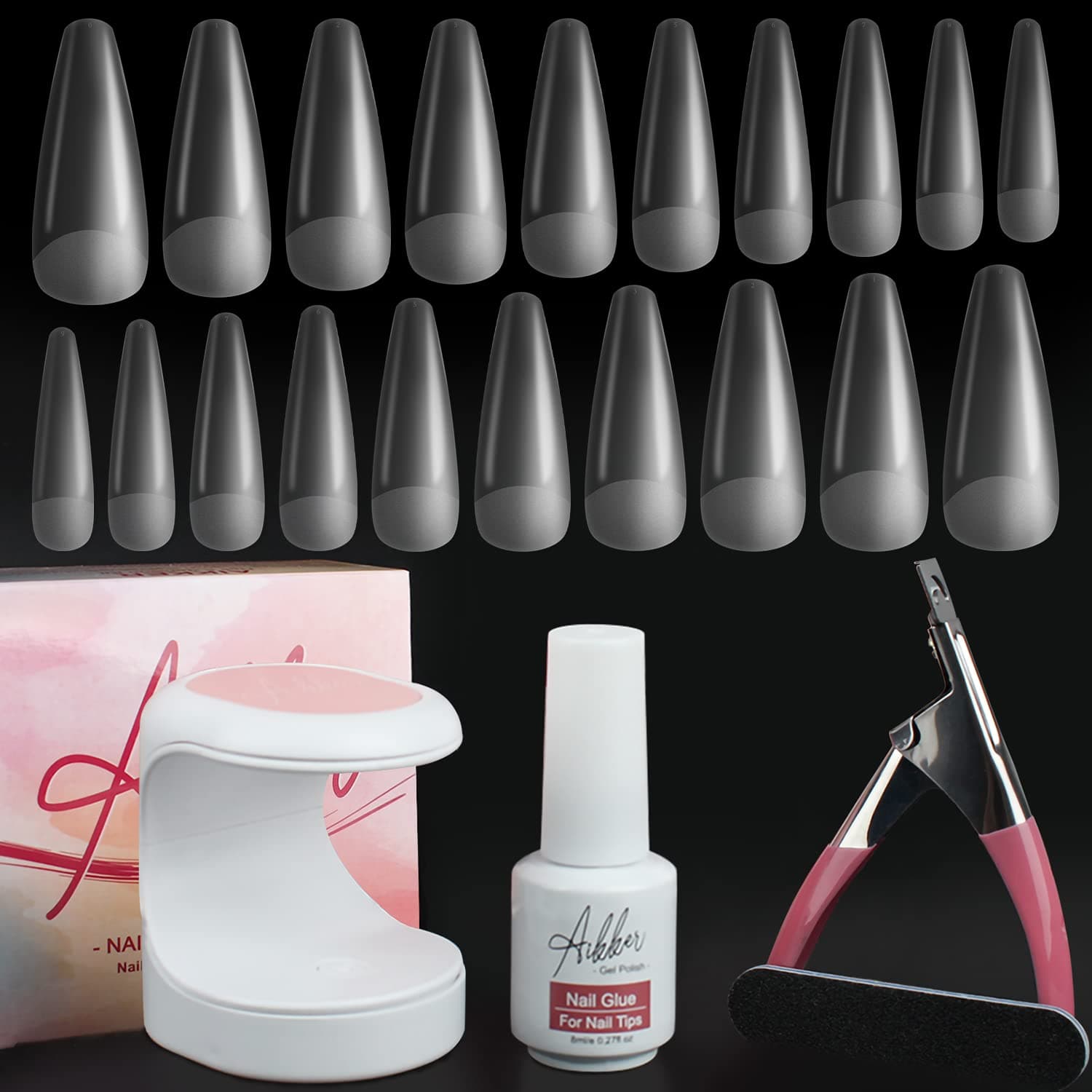 Aikker Nail Tips and Glue Gel Kit, Nail Extension Kit with 500Pcs Coffin False Nails, 9W UV/LED Nail Lamp, 3 in 1 Nail Gel & Base Coat & Decorations Adhesive, Essential Tools Nail Clipper & File