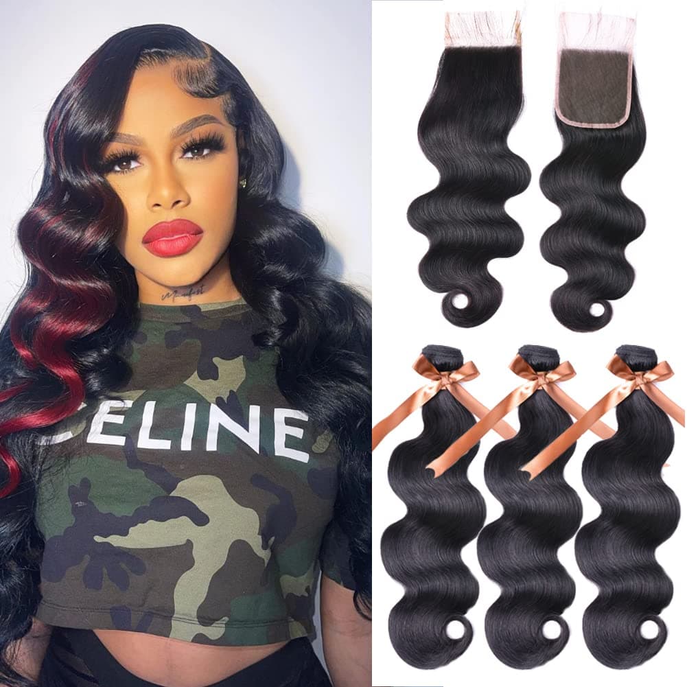 ALLRUN Bundles with Closure Body Wave Human Hair Brazilian Virgin Hair 3 Bundles with Lace Closure Body Wave Unprocessed Virgin Hair Extensions Natural Black Color(10 12 14+10 Closure)