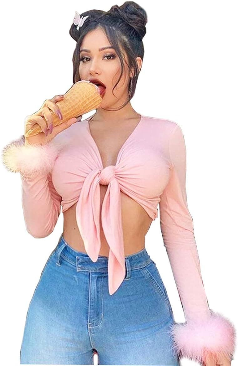 Women's Sexy Long Sleeve Tie Up Crop Top Feather Trim Deep V Neck Basic Tight Shirt Faux Fur Blouse