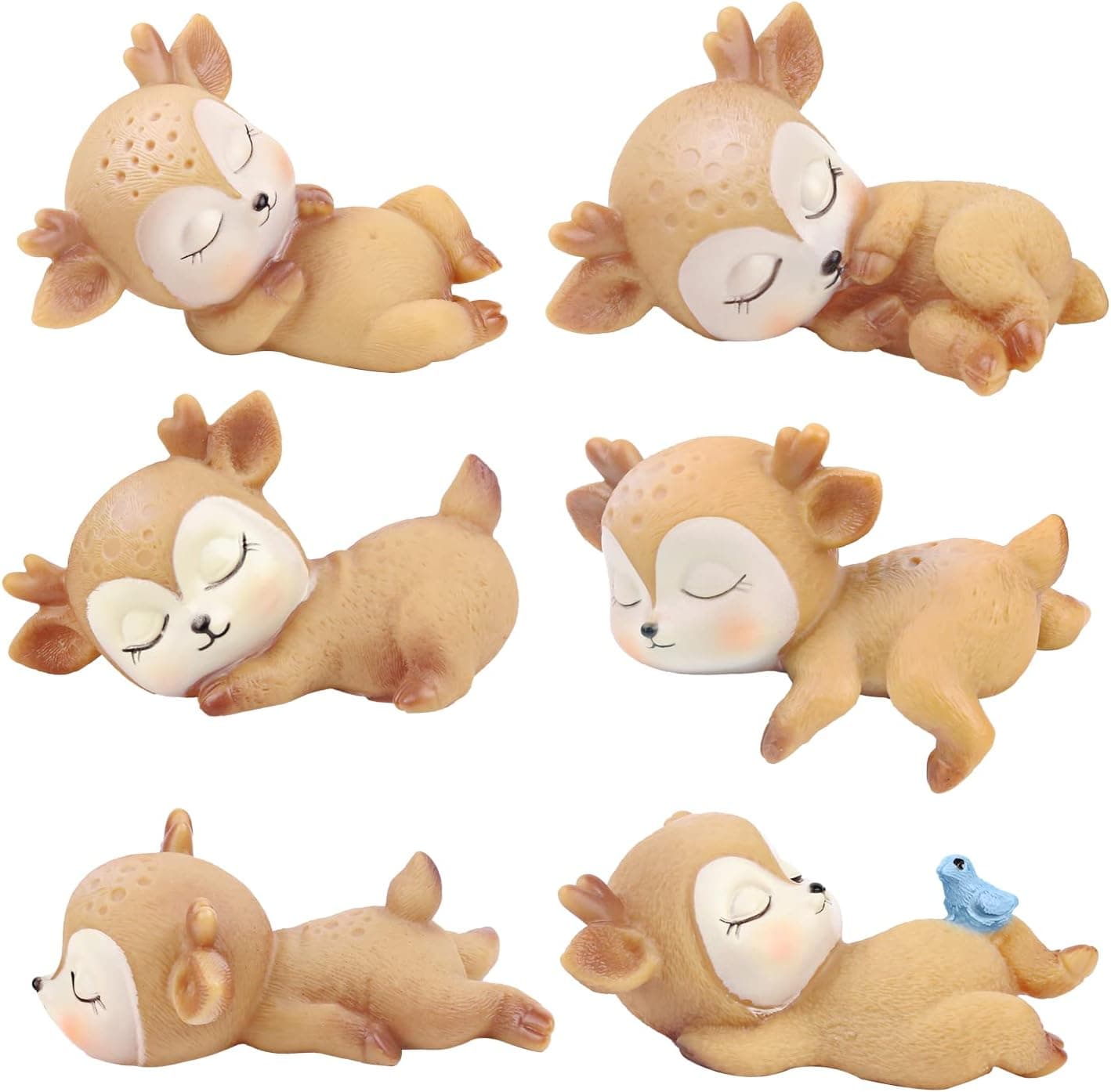 6Pack Baby Deer Figures Cake Toppers,Assorted Postures Cute Fawns Woodland Animal,Lovely Figurines Sleep Fawn Toys for Woodland Theme Baby Shower Birthday Patry Favor Automobile Decoration