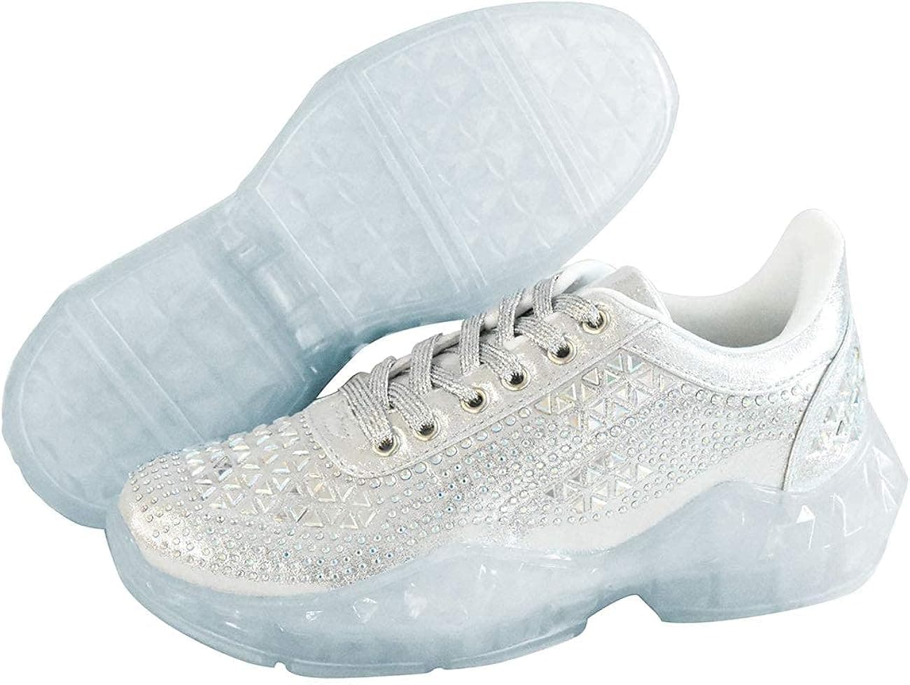 LUCKY STEP Women's Sequin Metallic Crystal Outsole Lace up Chunky Wedding Casual Sneakers