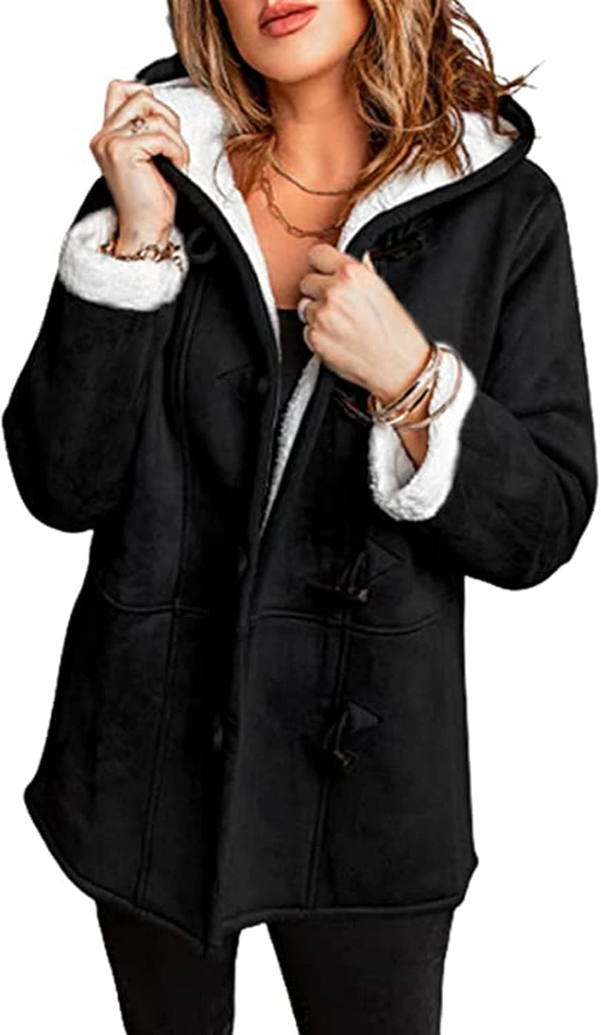 Happy Sailed Women's Lapel Sherpa Fleece Lined Faux Suede Jacket Winter Warm Button Down Hoodie Coat Outerwear Black 2X-Large