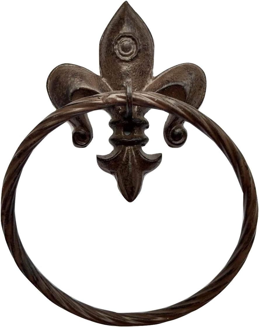 Cast Iron - Fluer De Lis - Wall Hand Towel Ring - Brown Color Finish - Victorian Style Wall Hung Fleur De Lis