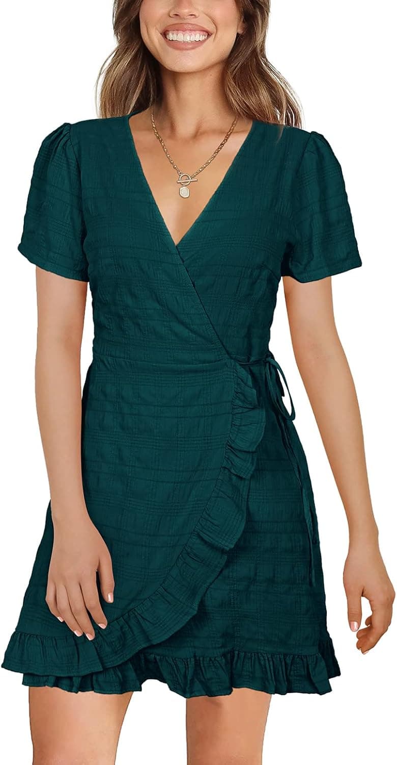 Jescakoo Women's Summer Casual Wrap V Neck Dress with Ruffle Hem