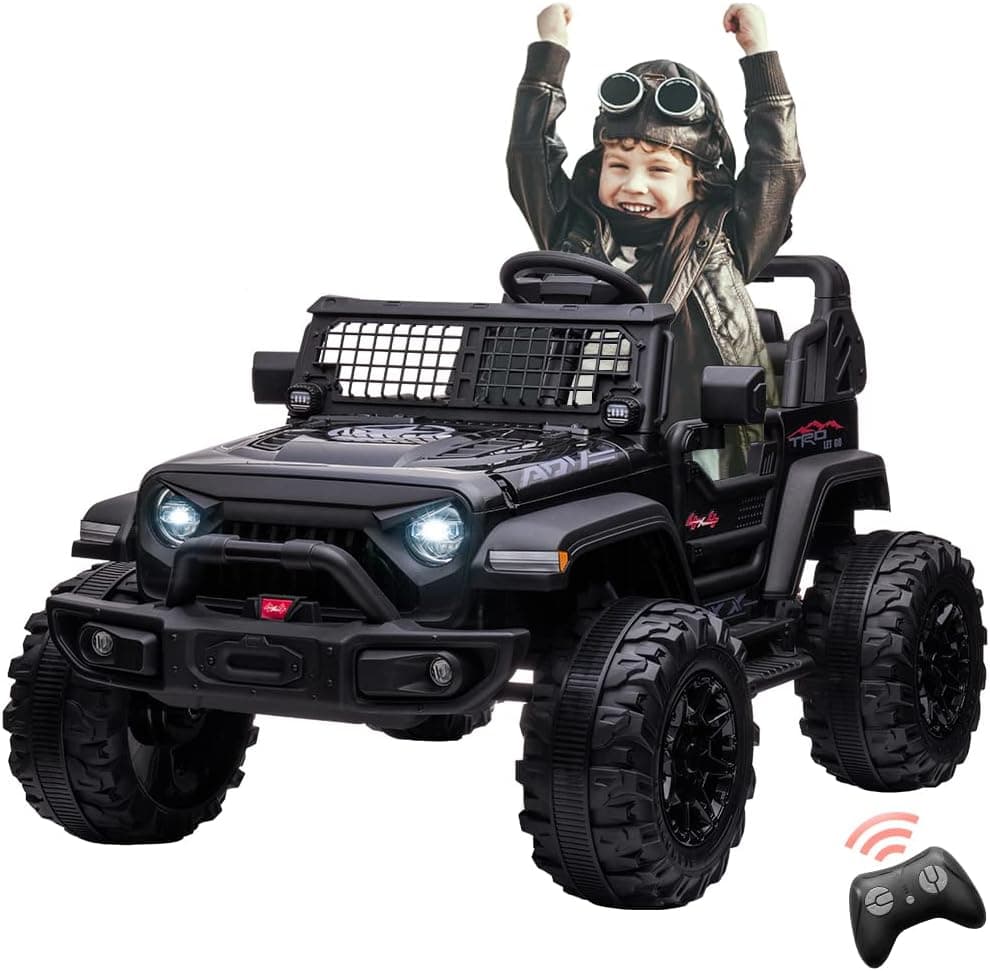 24V Kids Ride On Car with Remote Control, 2 Seats 20“ Extra Large Seat Wide Truck, Power Wheels Vehicle, LED Brightlight, Front Storage, Bottle Holder, Central Control, Horn, Bluetooth, USB (Black)