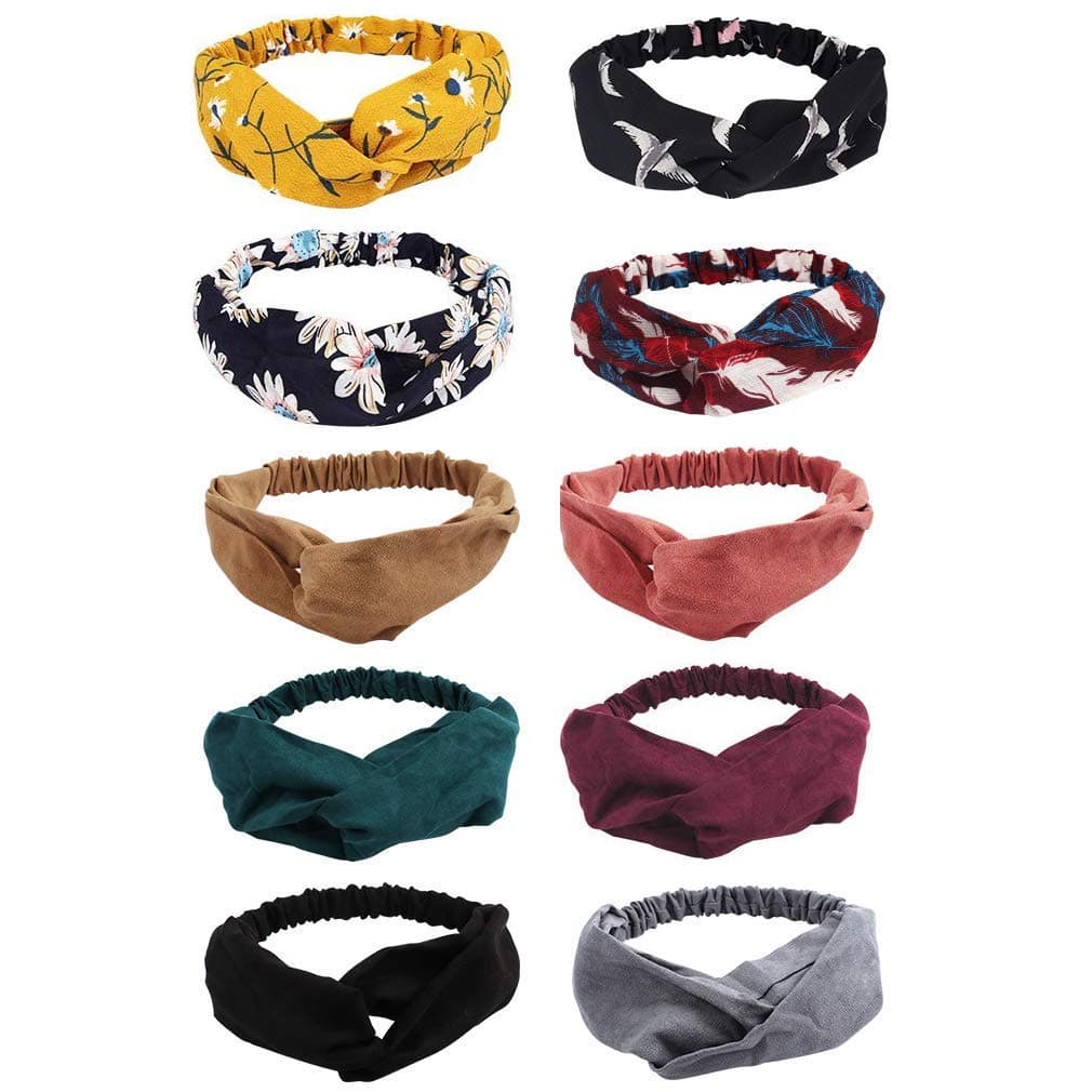 BAHABY Boho Headbands for Women 10 Pack Twisted Criss Cross Headwraps Flower & Solid Color Print Turban for Yoga, Sports and Daily Dress