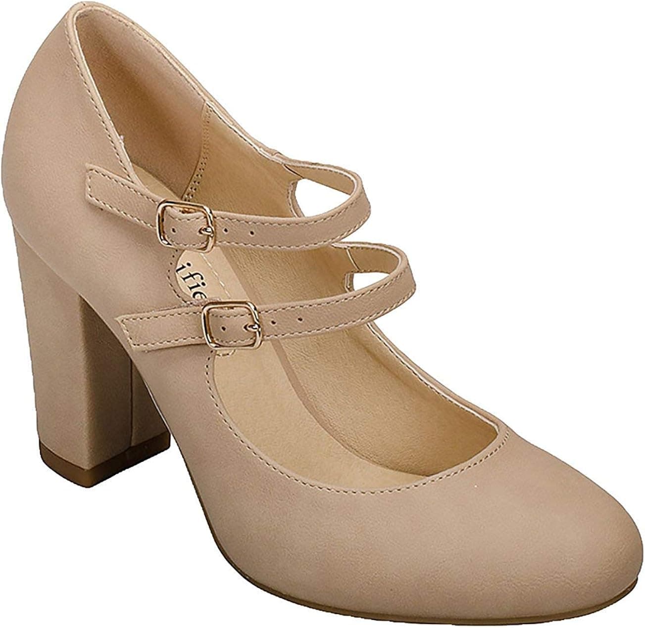 Comfort Padded Insole Double Buckle Mary Jane Dress Pump, Chunky Block Heel (7 M US, Natural)