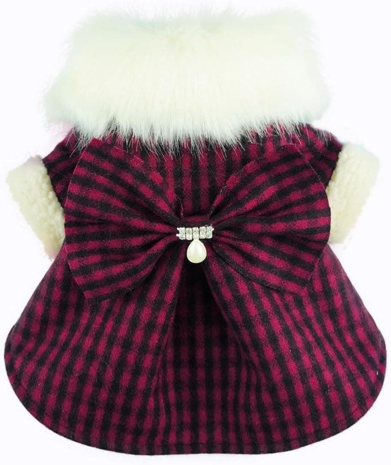 Fitwarm Fashion Pink Plaid Faux Furred Dog Dress for Pet Coats Bowknot Clothes, Large