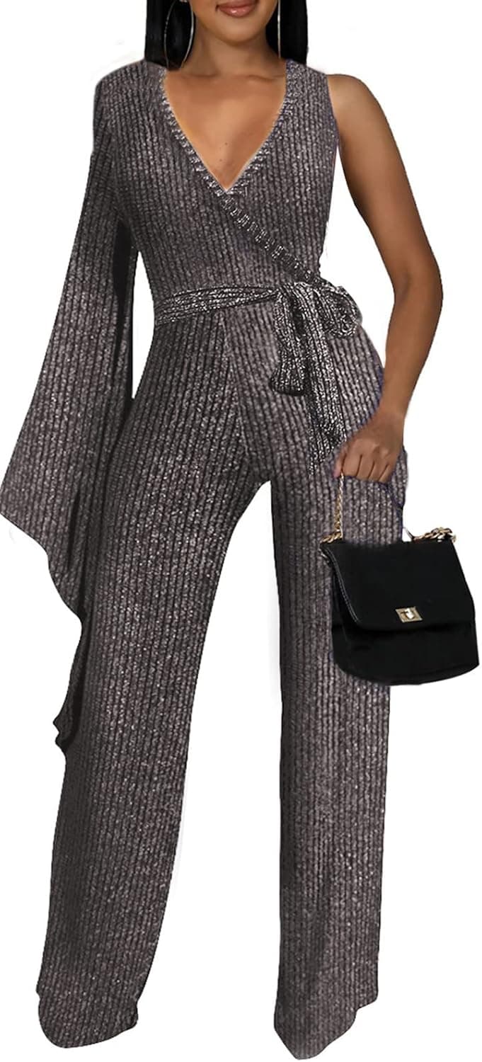 Jumpsuits for Women Elegant Sexy V Neck Long Sleeve Straight Long Pants Sparkly Club Outfits with Belt