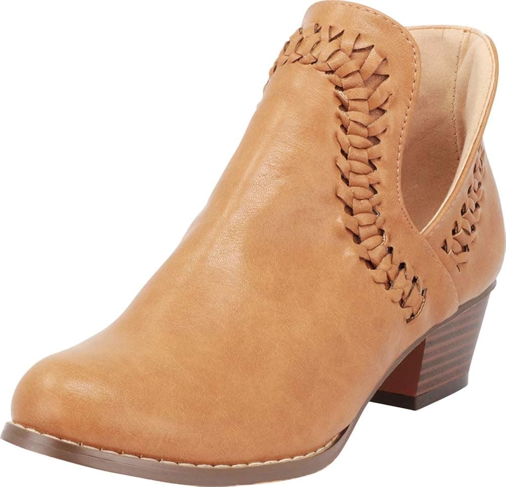 Cambridge Select Women's Western Whipstitch Side V Cutout Chunky Stacked Block Heel Ankle Bootie,7 B(M) US,Taupe PU