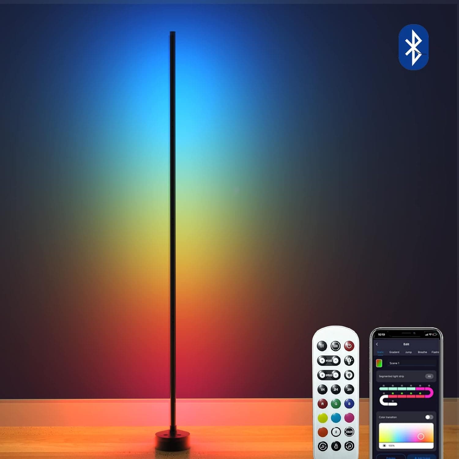 Bricuba RGBICW Corner Floor Lamp, Color Changing LED Floor Light with Remote and APP Control via Bluetooth, Music Sync & DIY Mode, 55" LED Standing Lamp for Living Room, Bedroom
