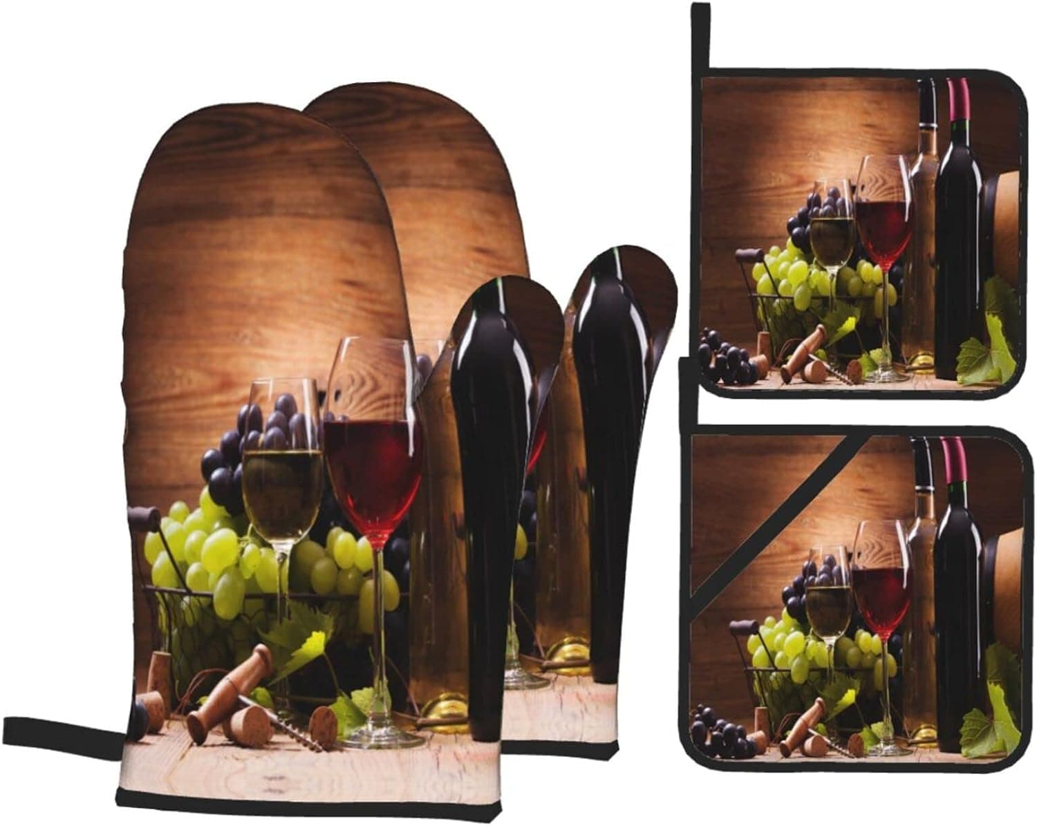 4-Piece Set Oven Mitts and Potholders, Vintage Grapes Baking Glove and Pot Holder for Cooking BBQ
