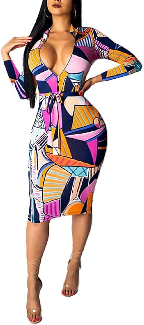 Bodycon Dresses for Women Sexy Pencil Party Club Night Out Long Sleeve Floral Print Midi Spring Dress Fashion 2022 with Belt