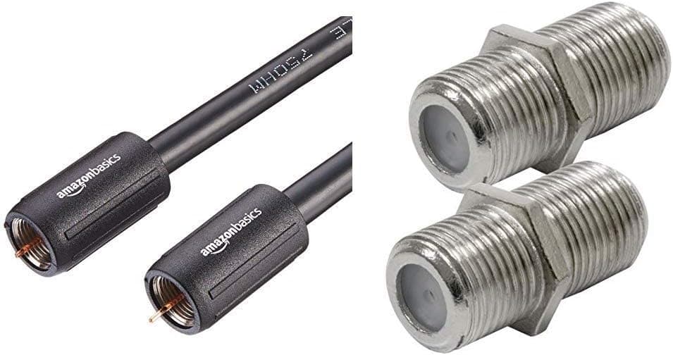 Amazon Basics CL2-Rated Coaxial TV Cable - 8 Feet & GE RG6 Coaxial Cable Extension Adapter, 2 Pack, Works on F-Type Cables, Compatible with All Brands of Coax Cables, Simple Setup,, Nickel Plated