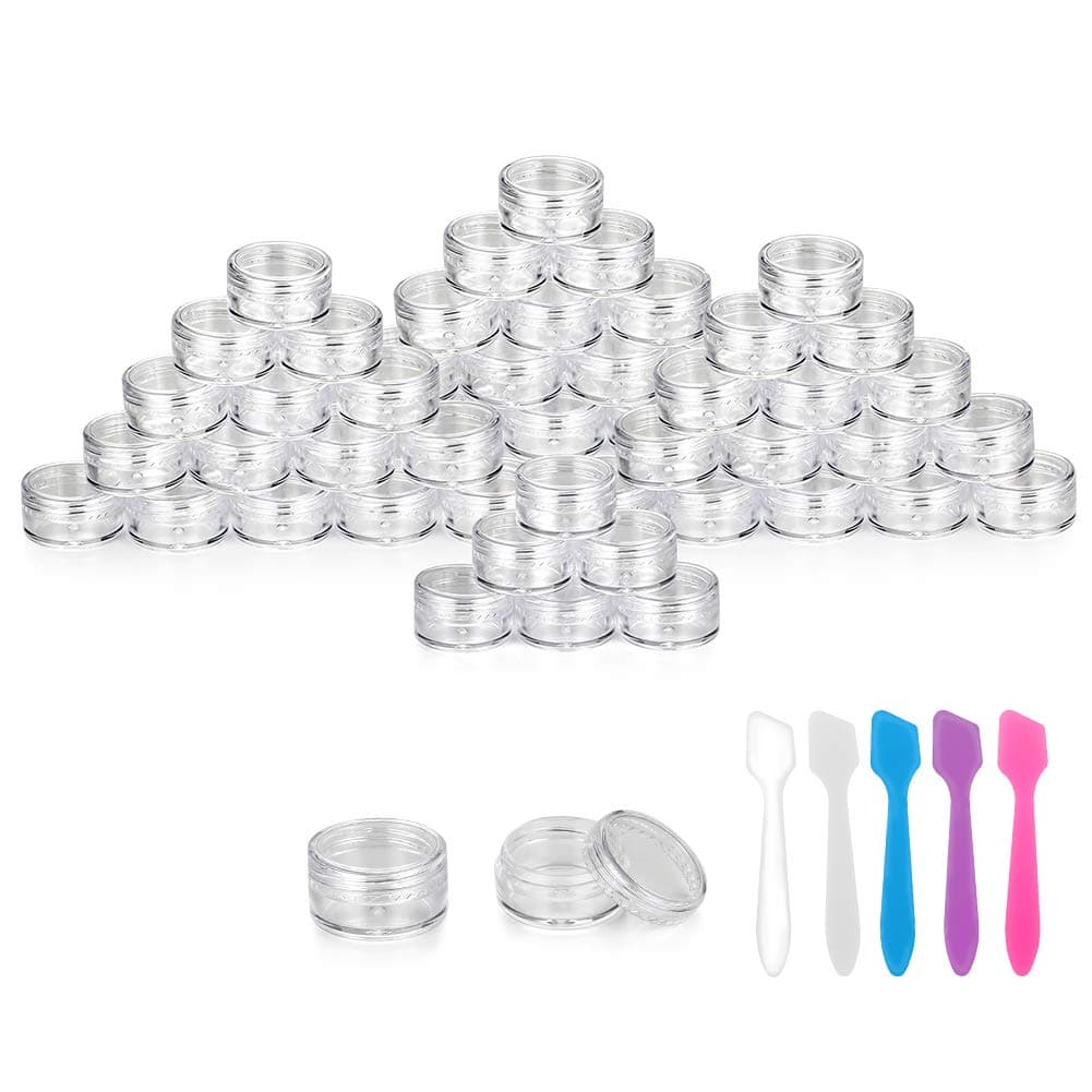 50 Pieces 3g Empty Clear Plastic Sample Containers with Lids Cosmetic Jars with 5 Pieces Mini Spatulas by Accmor