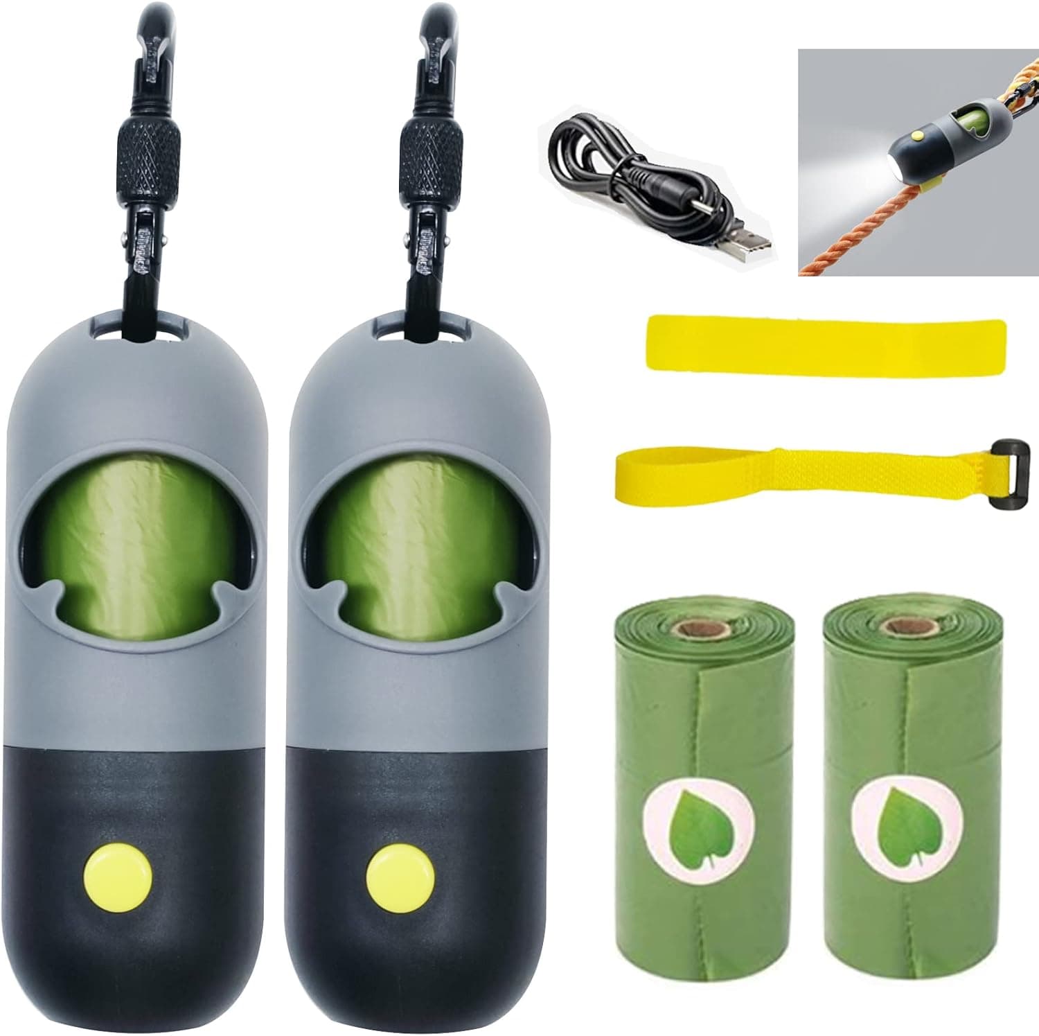 2 PACK Dog Poop Bag Holder with LED Flashlight Poop Bag Dispenser with 2 Rolls of Green Dog Waste Bags Poop Bag Holder with Rechargable Battery and USB Cable (Grey)