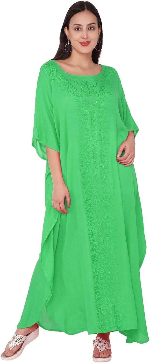 SKAVIJ Women's Tunic Rayon Embroidered Maxi Caftan (Free Size, Green)