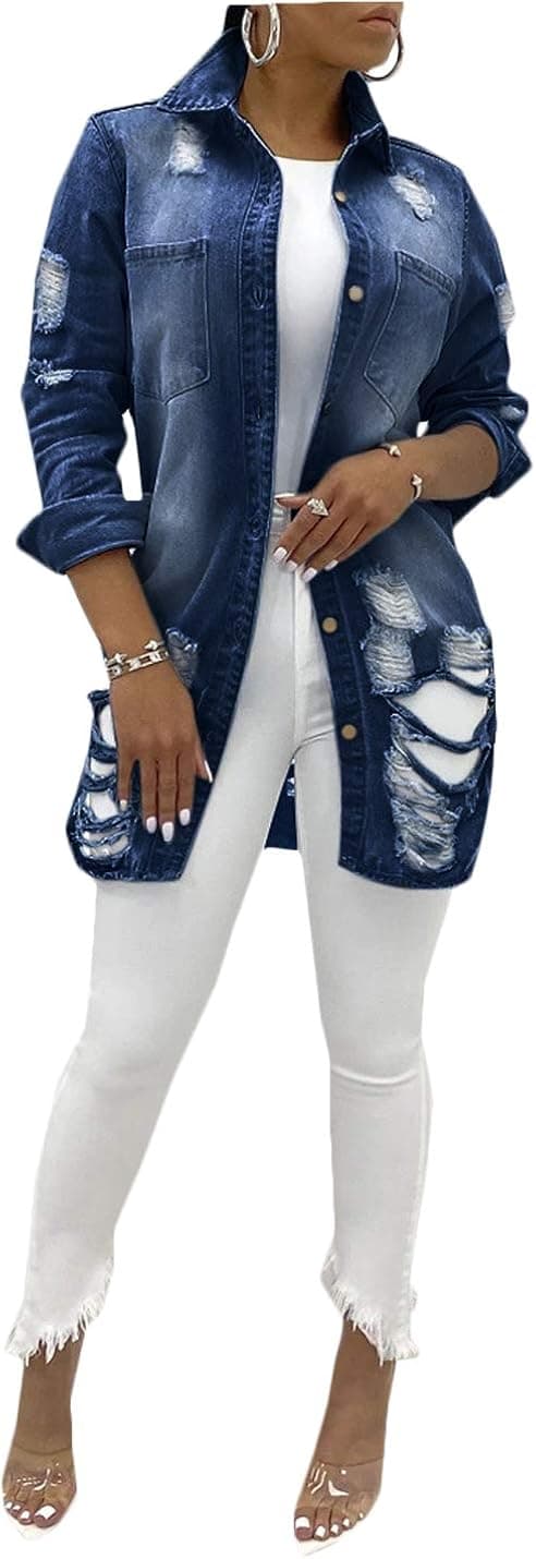 Hongsui Women's Lapel Ripped Button Denim Jacket Long Sleeve Boyfriend Distressed Coat