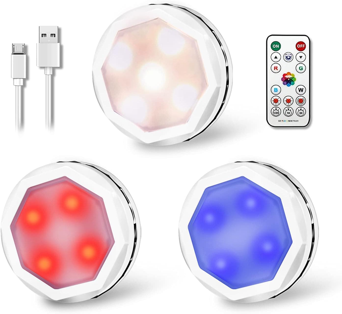 Amries Puck Lights with Remote Control, Wireless Under Cabinet Lighting Rechargeable, LED Closet Light, Tap Lights, Stick On Lights for Kitchen Counter (RGB 3 Pack)